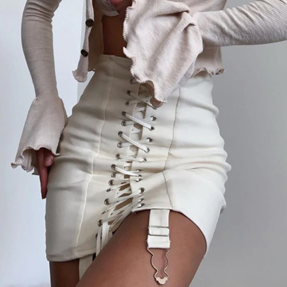 LAST Medium Off White Lace Up Corset Mini Bodycon Skirt
